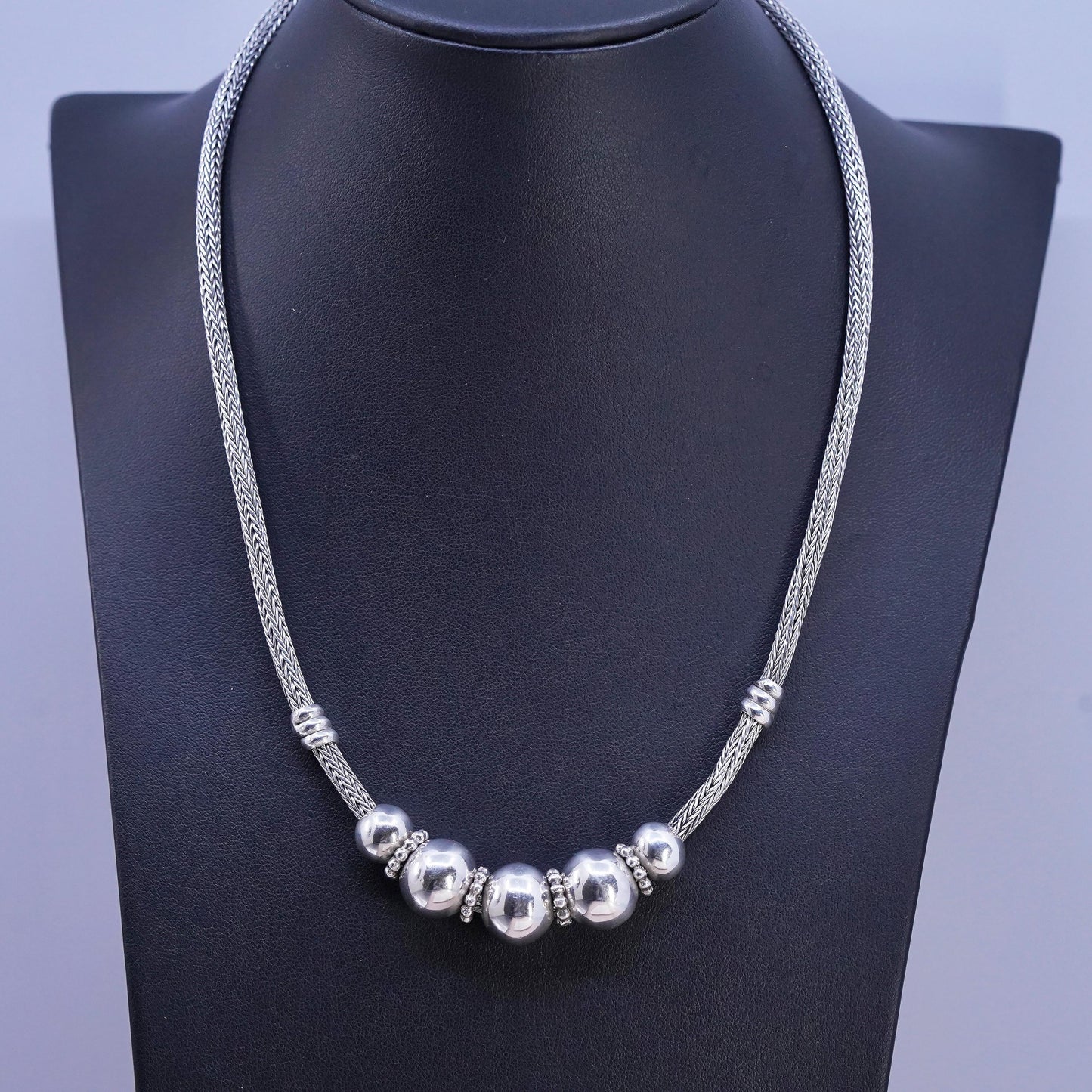 18+3" 4mm, vintage bold Sterling silver necklace, 925 wheat chain beads pendant