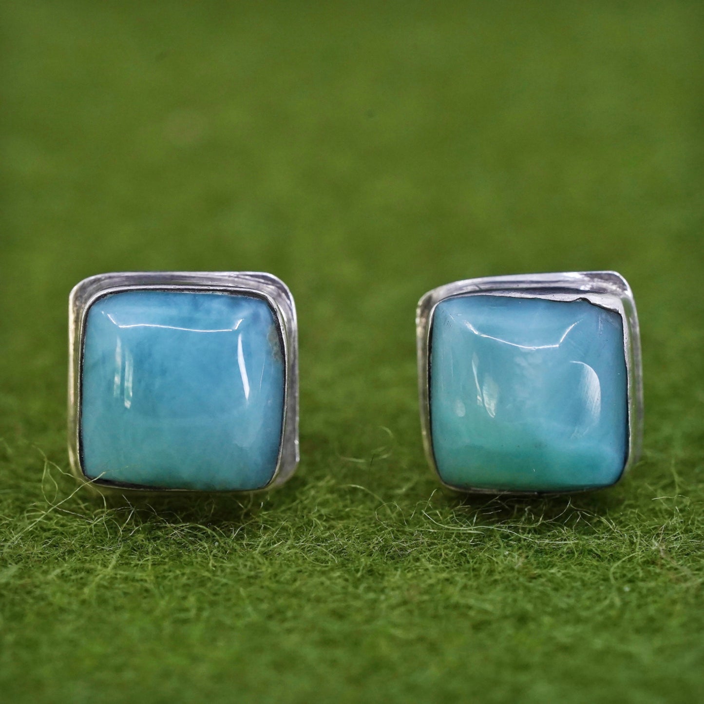 Vintage sterling silver handmade earrings, 925 square studs with Larimar
