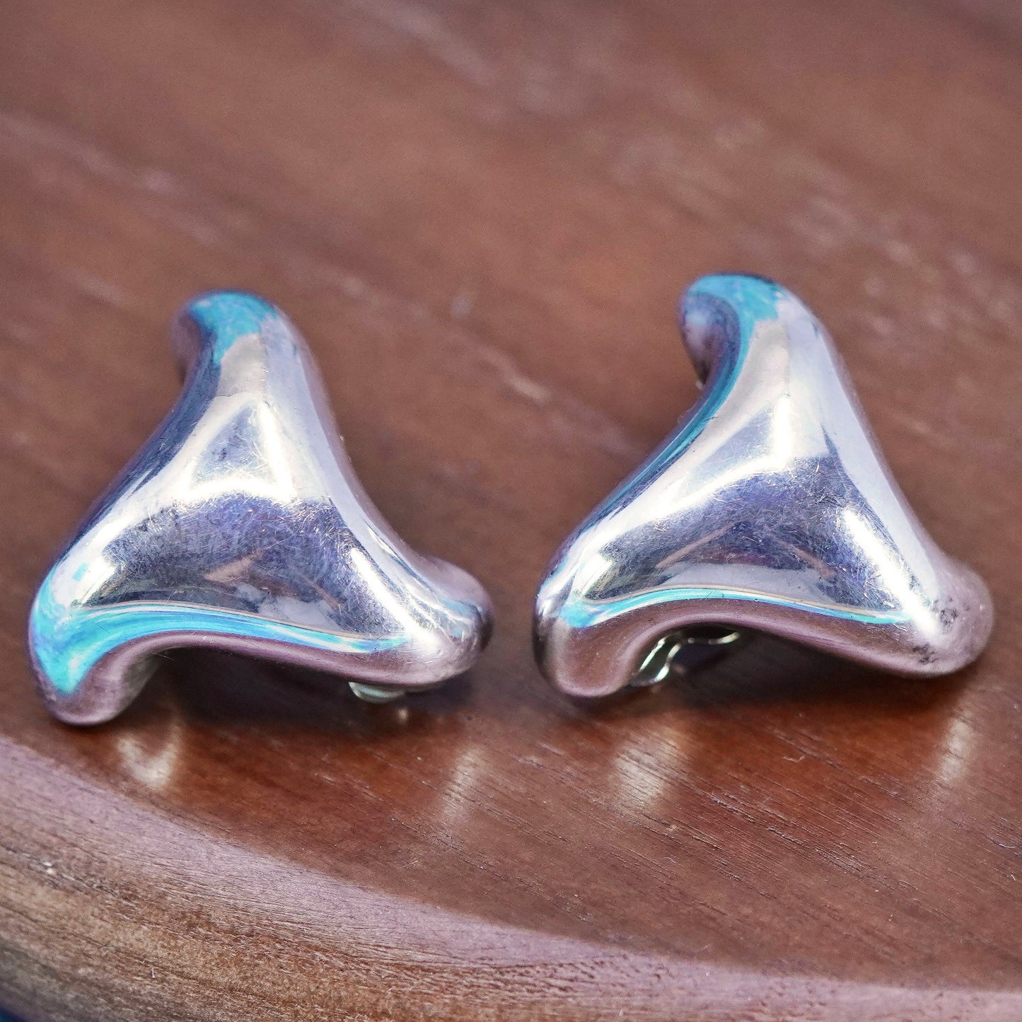 Vintage Sterling silver handmade earrings, 925 puffy triangular clip on