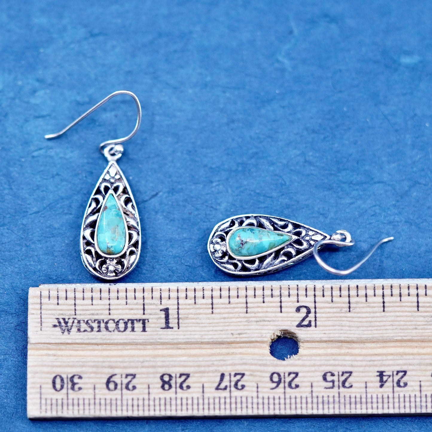 Vintage Sterling 925 silver handmade textured teardrop earrings with turquoise
