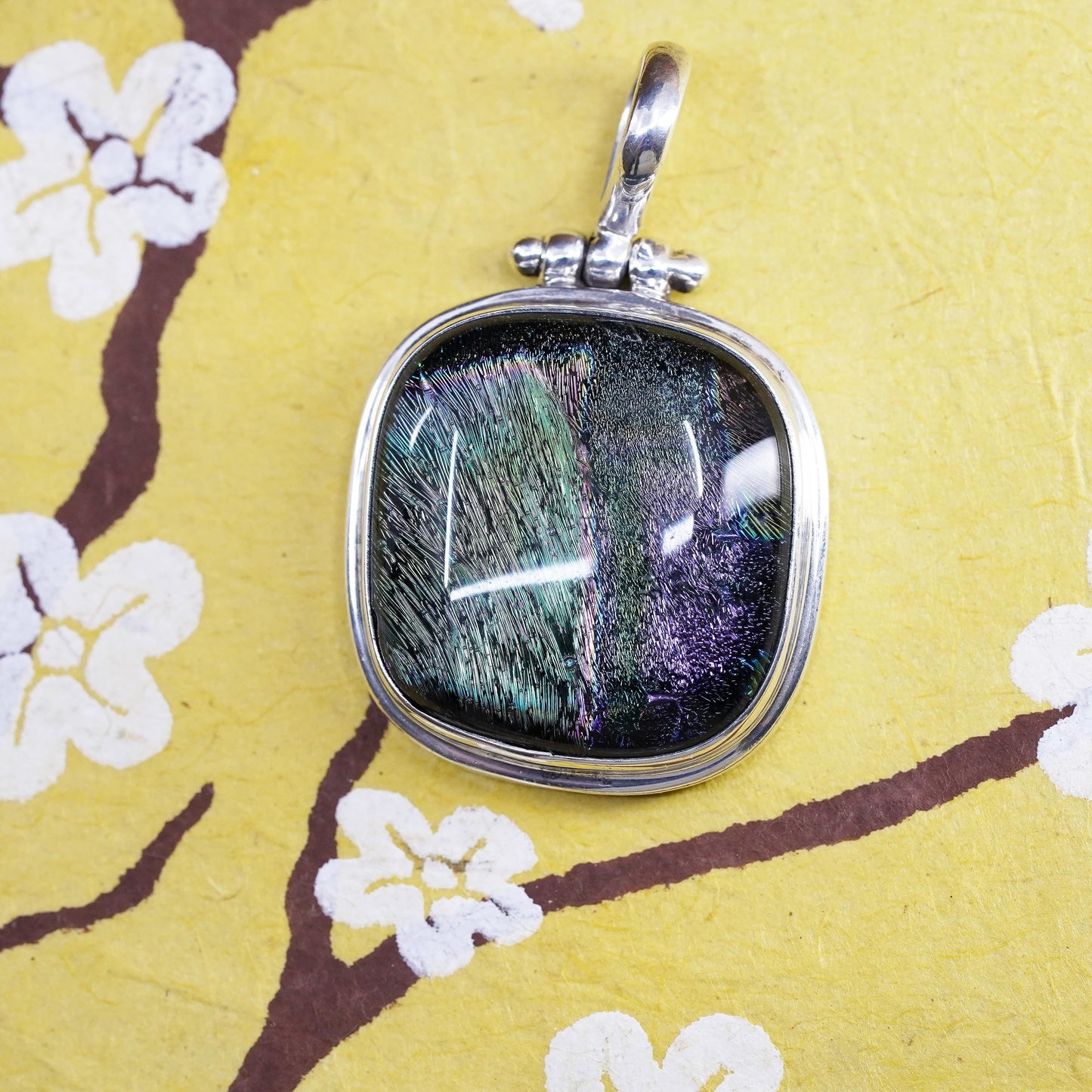 Vintage Sterling 925 silver handmade pendant with foil glass, unique
