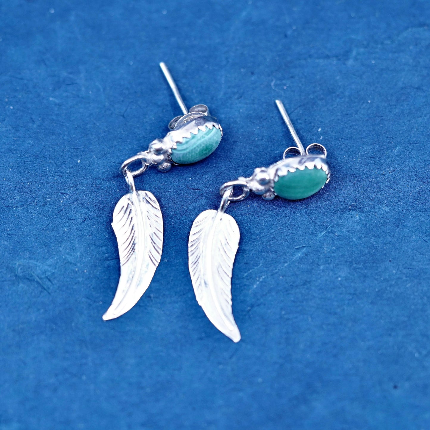 Native American Jason Livingston sterling silver earrings 925 feather malachite