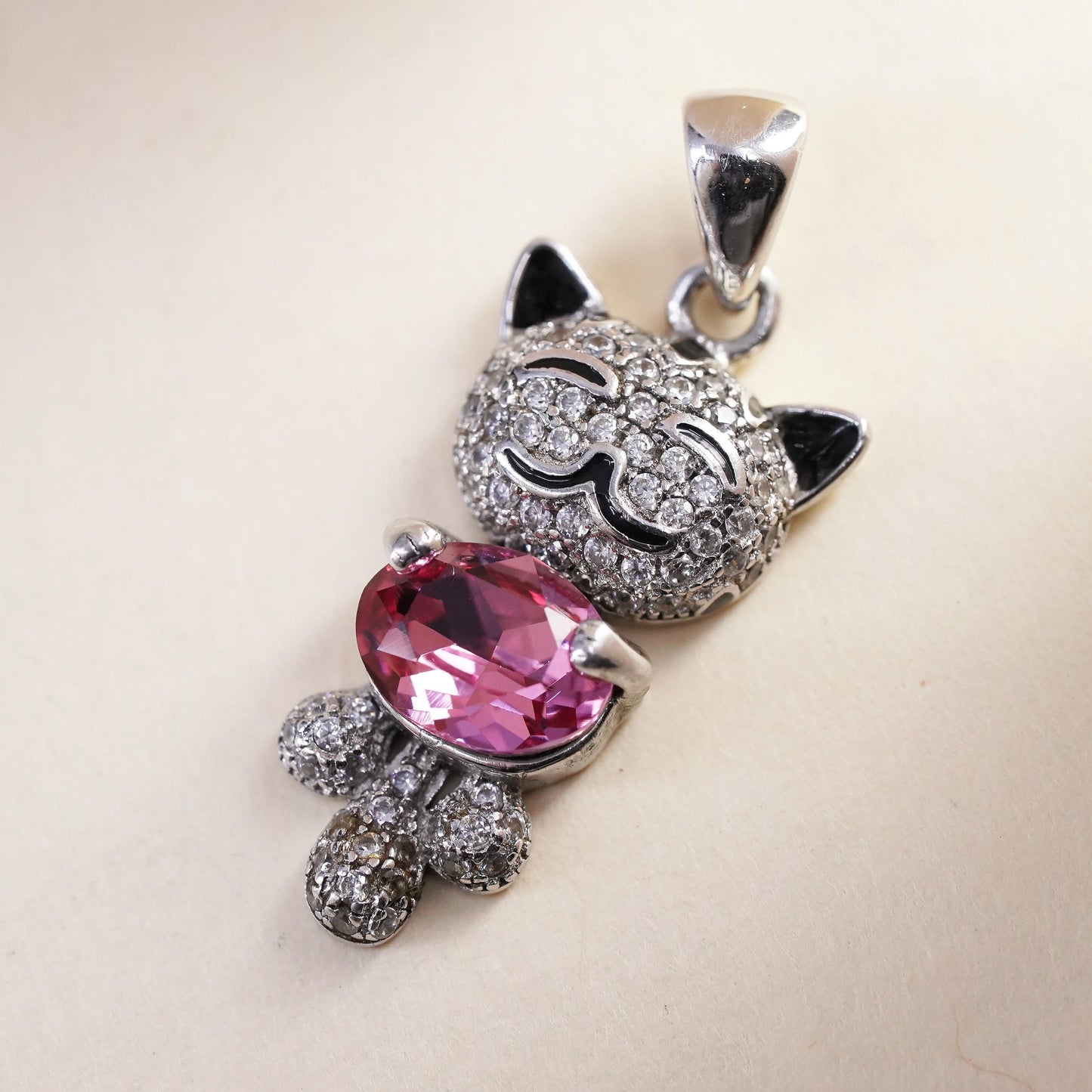 Nina Sterling 925 silver cat kittie birthstone pendant charm pink heart crystal