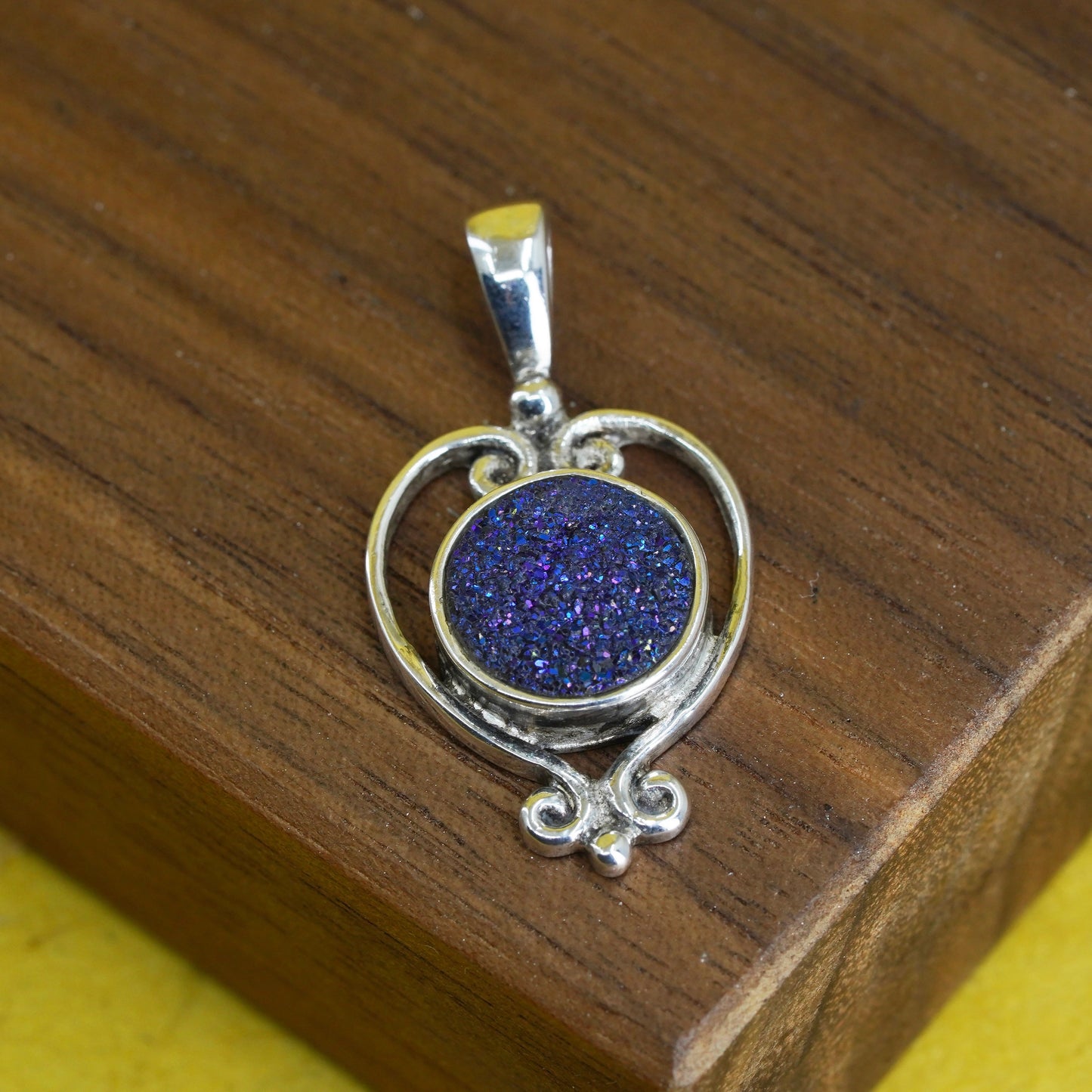 Vintage sajen Sterling silver handmade pendant, 925 silver with druzy pendant