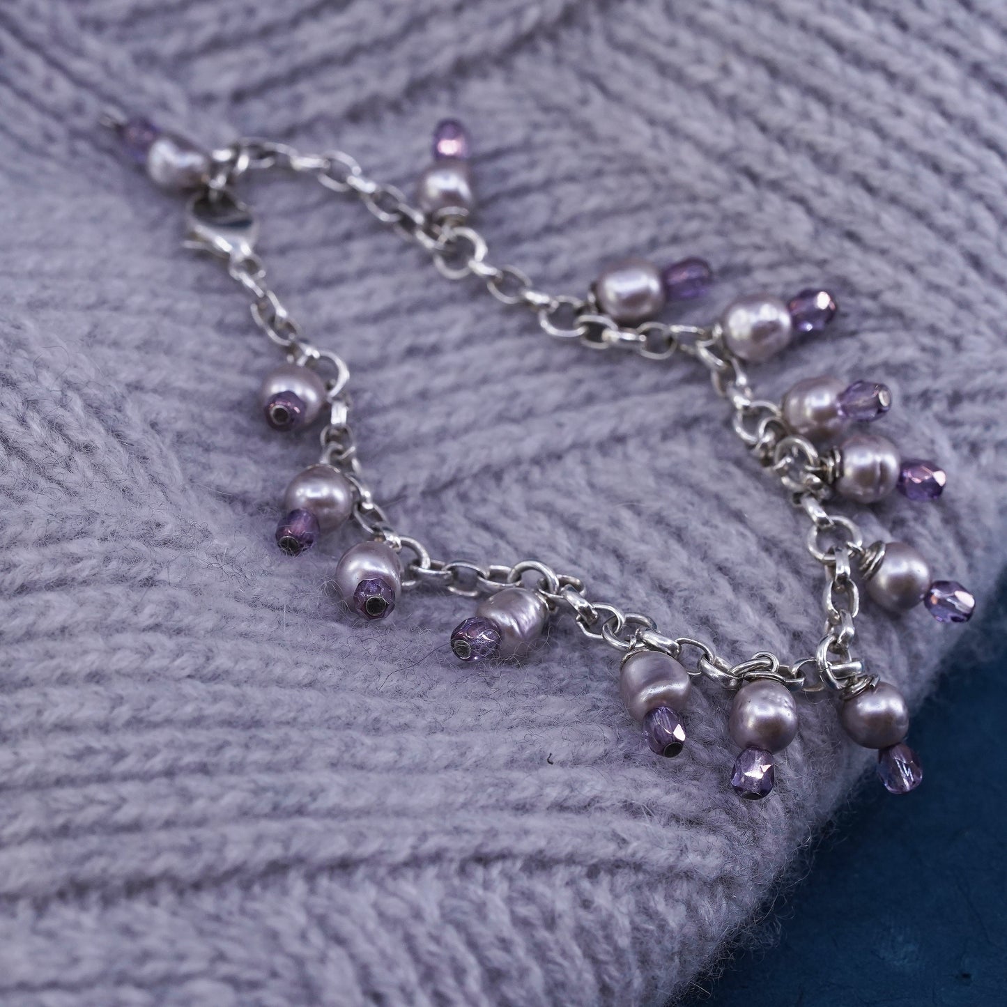 8.25”, vintage Sterling silver handmade bracelet, 925 circle chain gray pearl