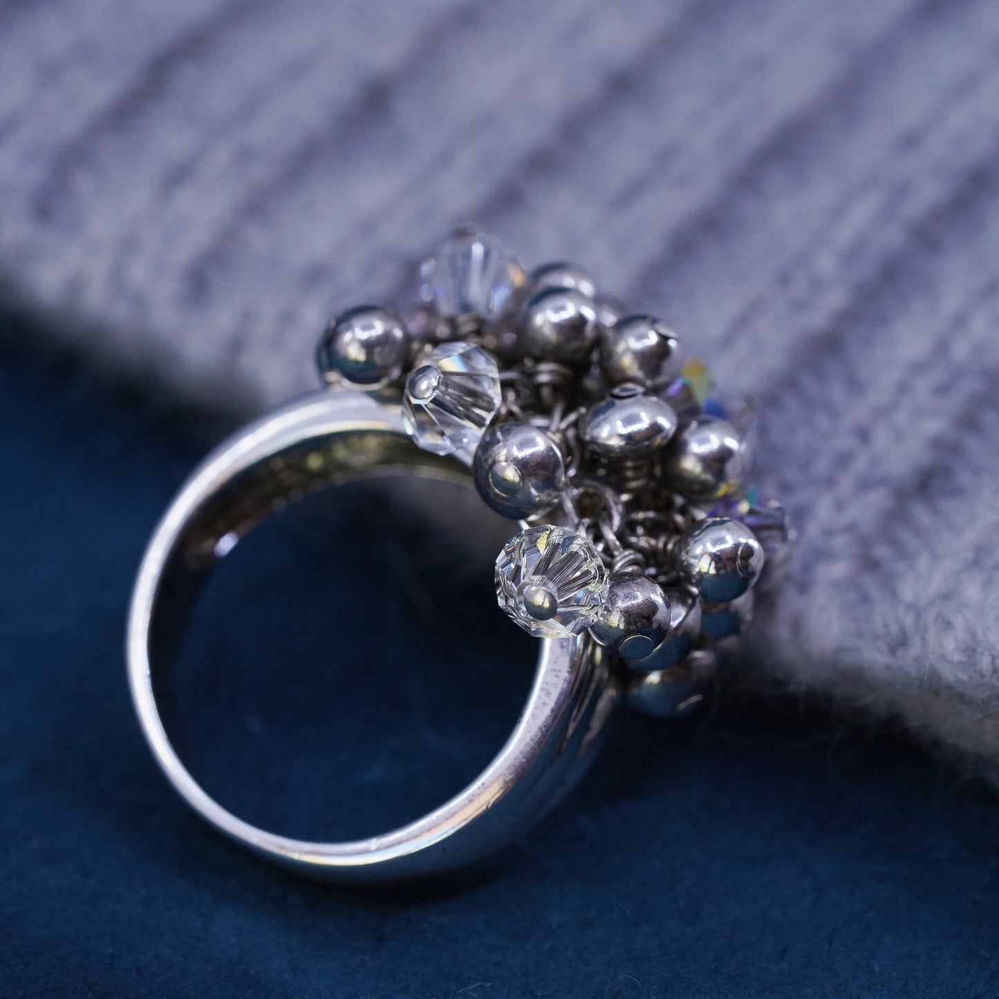 Size 9, vintage Sterling silver ring, 925 cocktail ring cluster bead charms