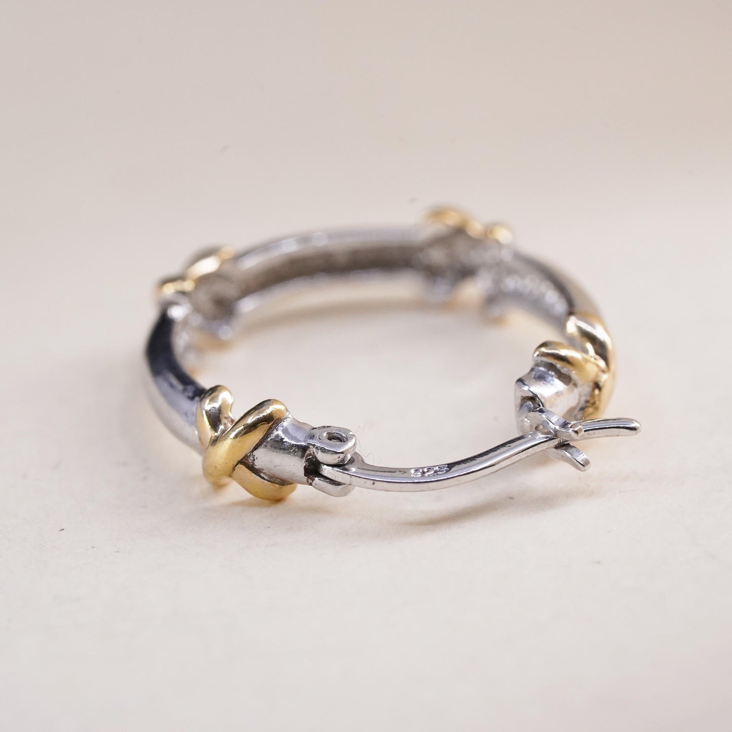 0.75", Vintage two tone sterling silver loop single earring, hoop with cross