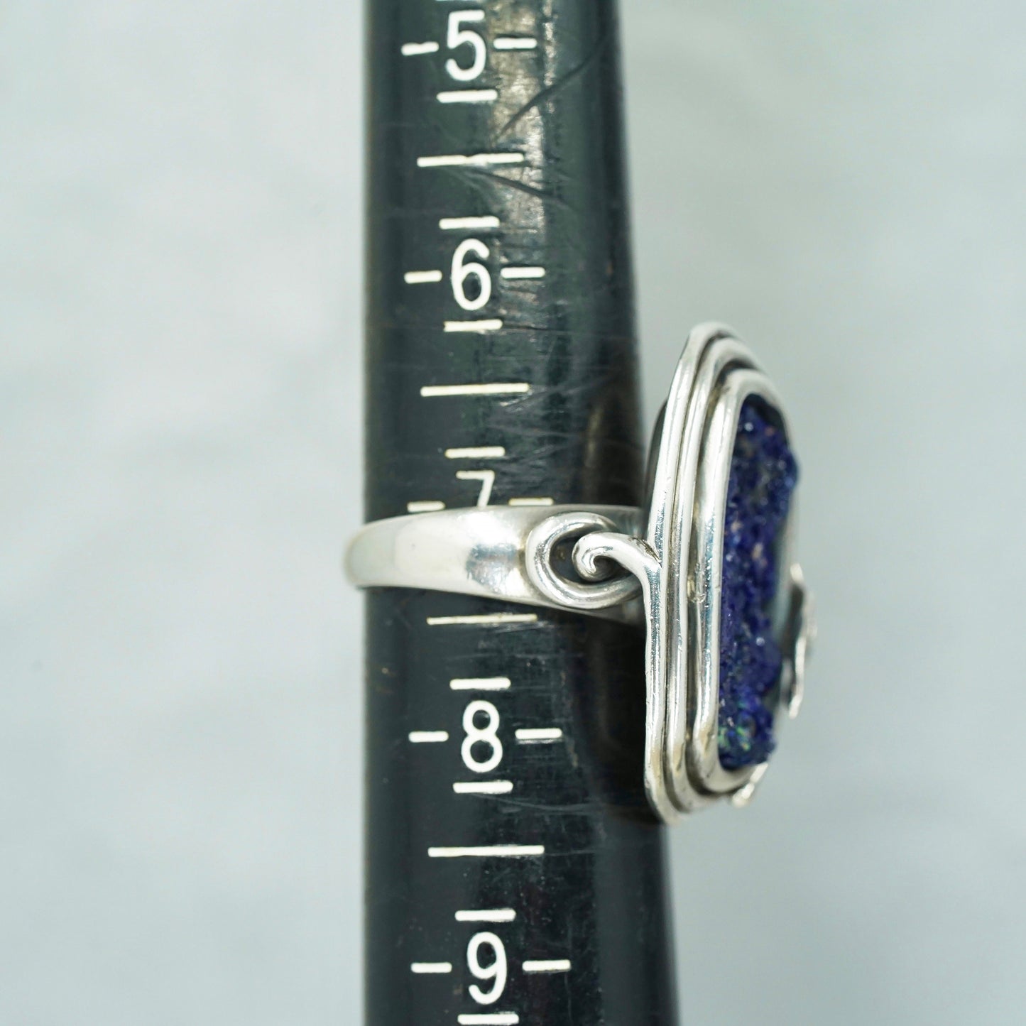 Size 7, Unikat Sterling 925 silver ring with blue druzy glittering stone