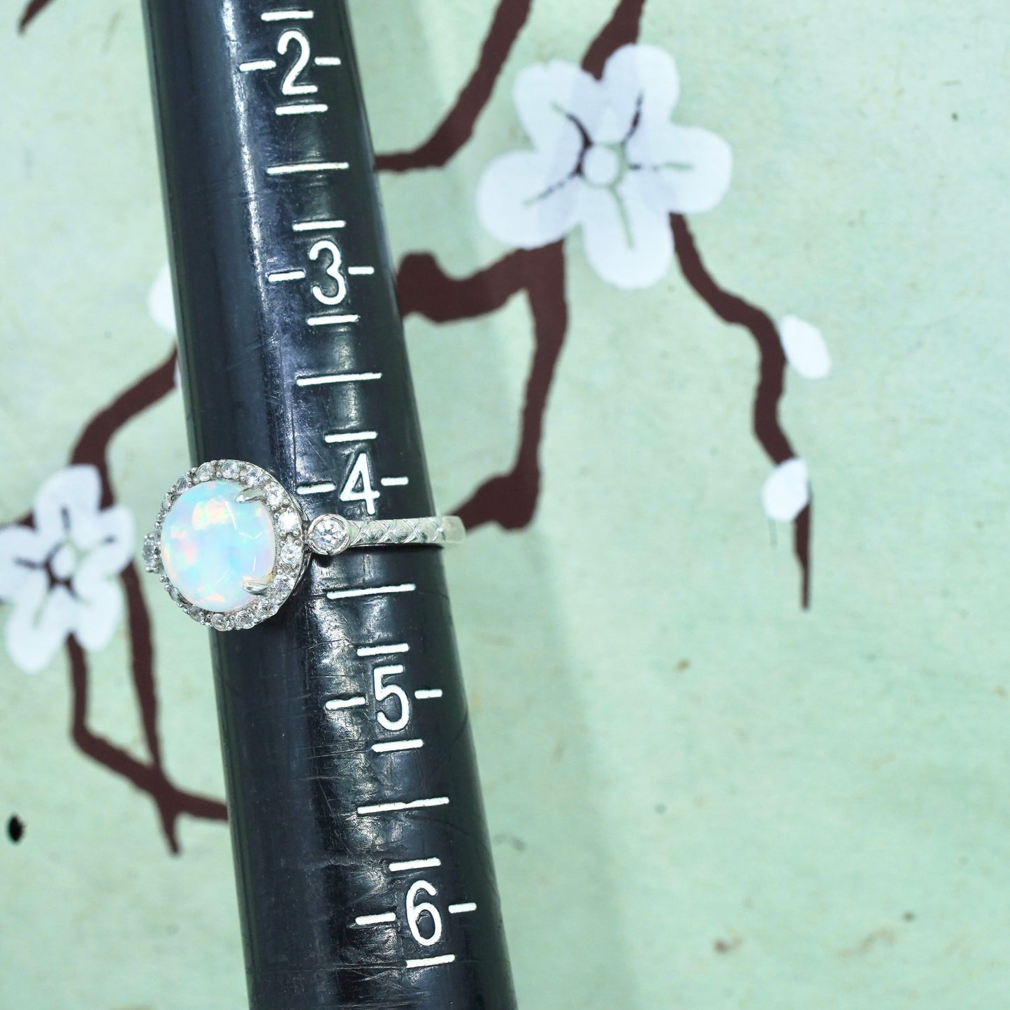 Size 4.25, vintage Sterling 925 silver handmade ring with round opal and cz