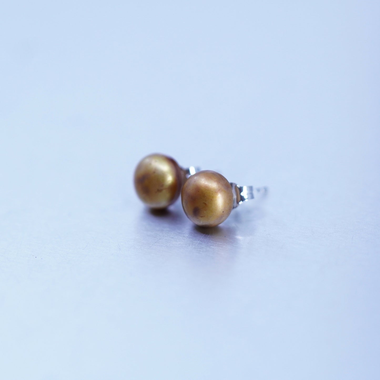 5mm, Vintage Sterling 925 silver handmade earrings, studs with golden pearl