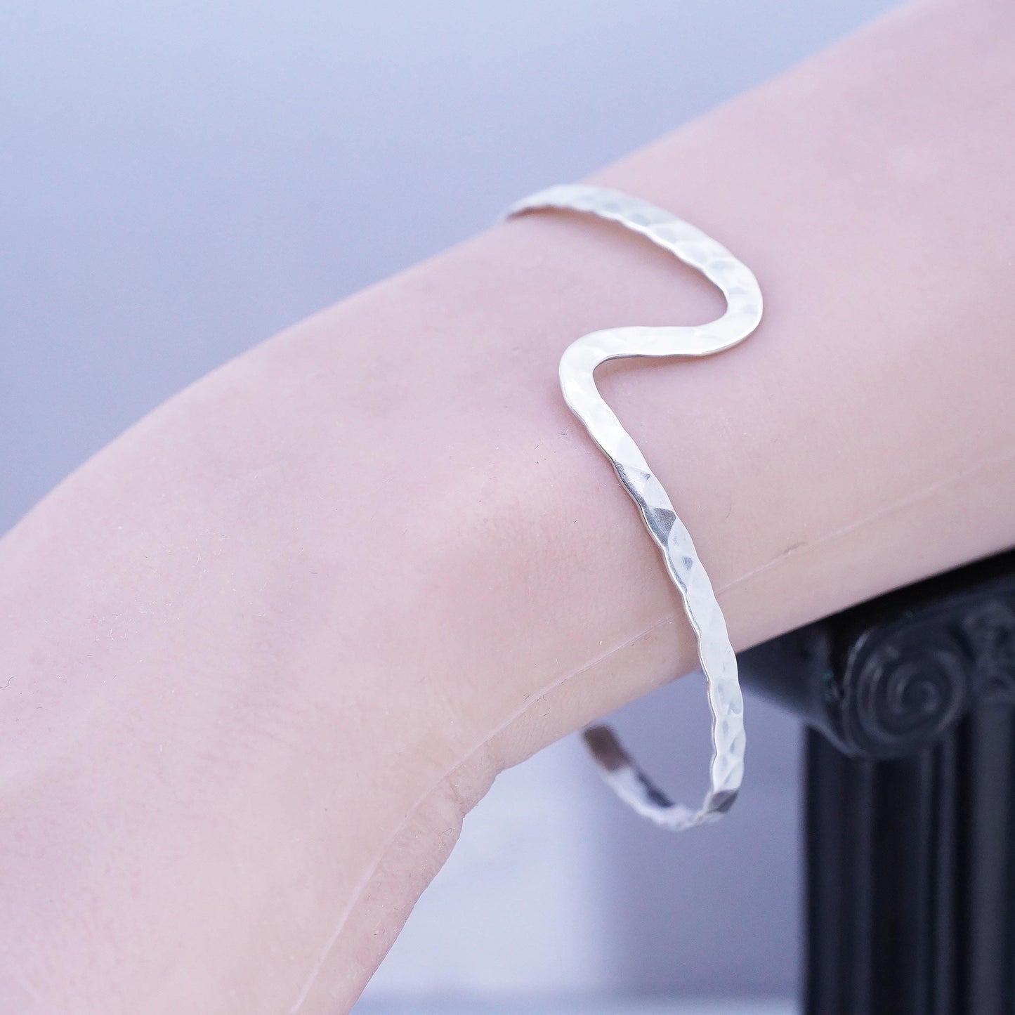 6.75", Vintage Sterling 925 silver bracelet, hammered textured wavy curvy cuff
