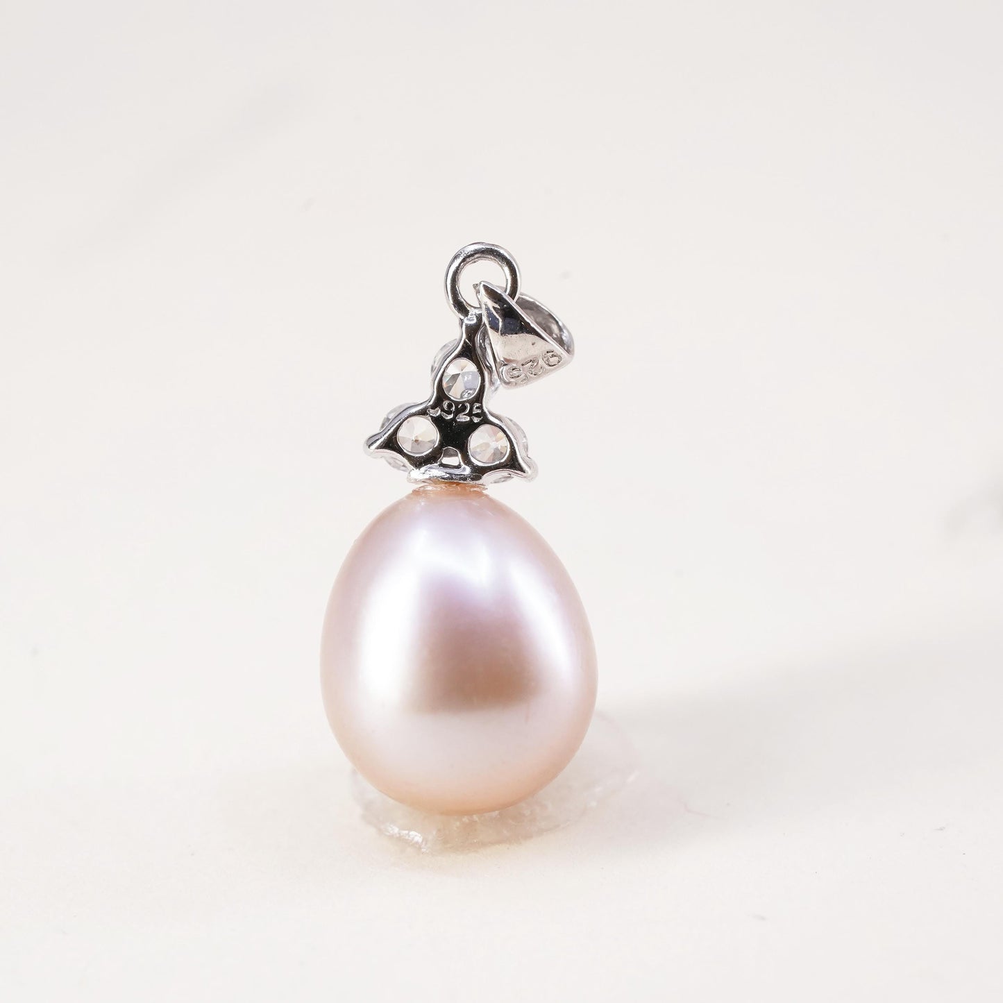 Vintage sterling 925 silver handmade pendant with teardrop pink pearl and cz
