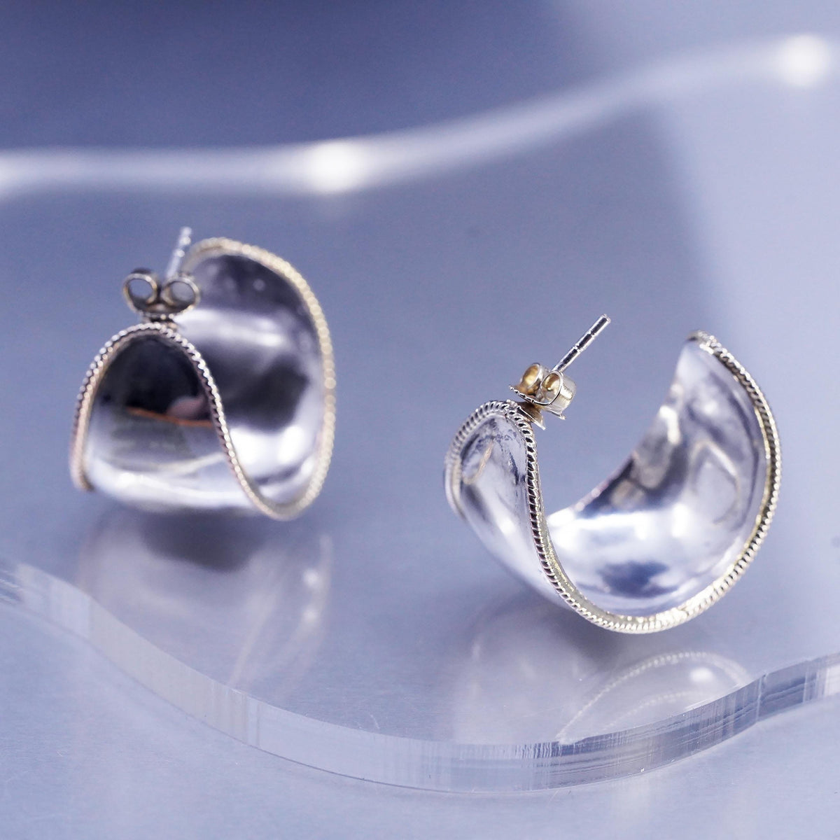 Two Tone Sterling 925 Silver Wide Hoop Earrings, Sculptural Curved Half Hoops