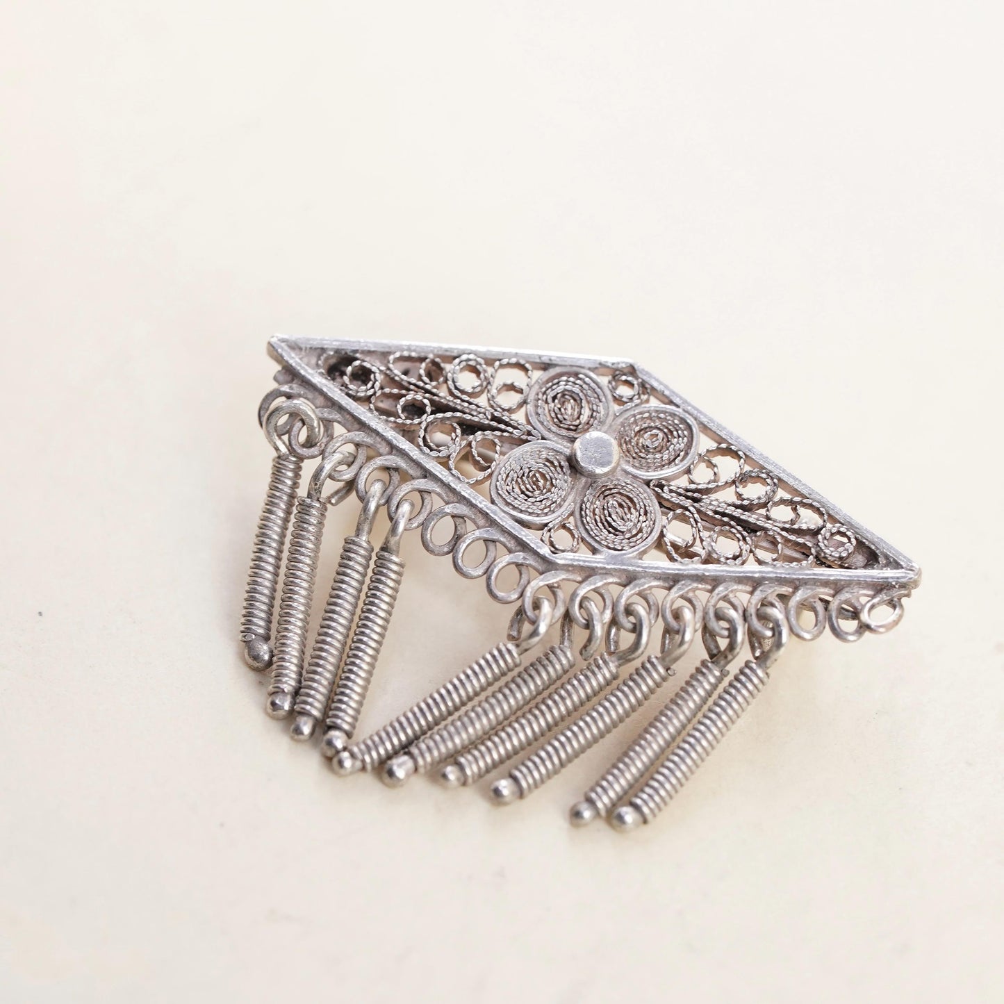 Vintage Sterling silver handmade brooch, 925 filigree pin with fringe