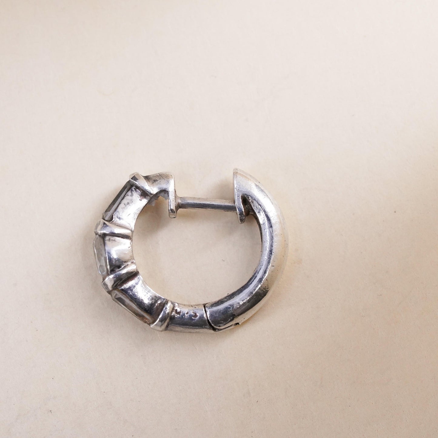 0.5", Vintage sterling silver loop single earring, minimalist hoop with cz