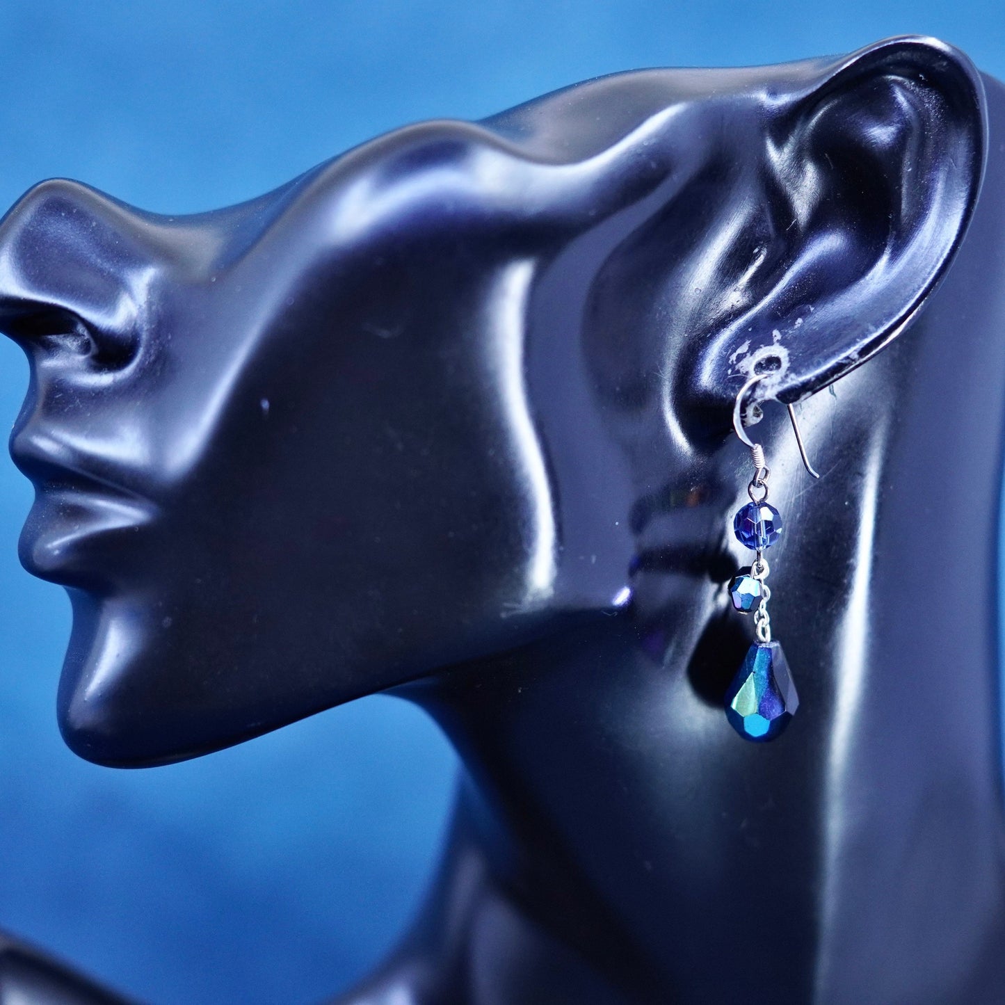 Vintage sterling silver 925 earrings with teardrop black crystal dangles