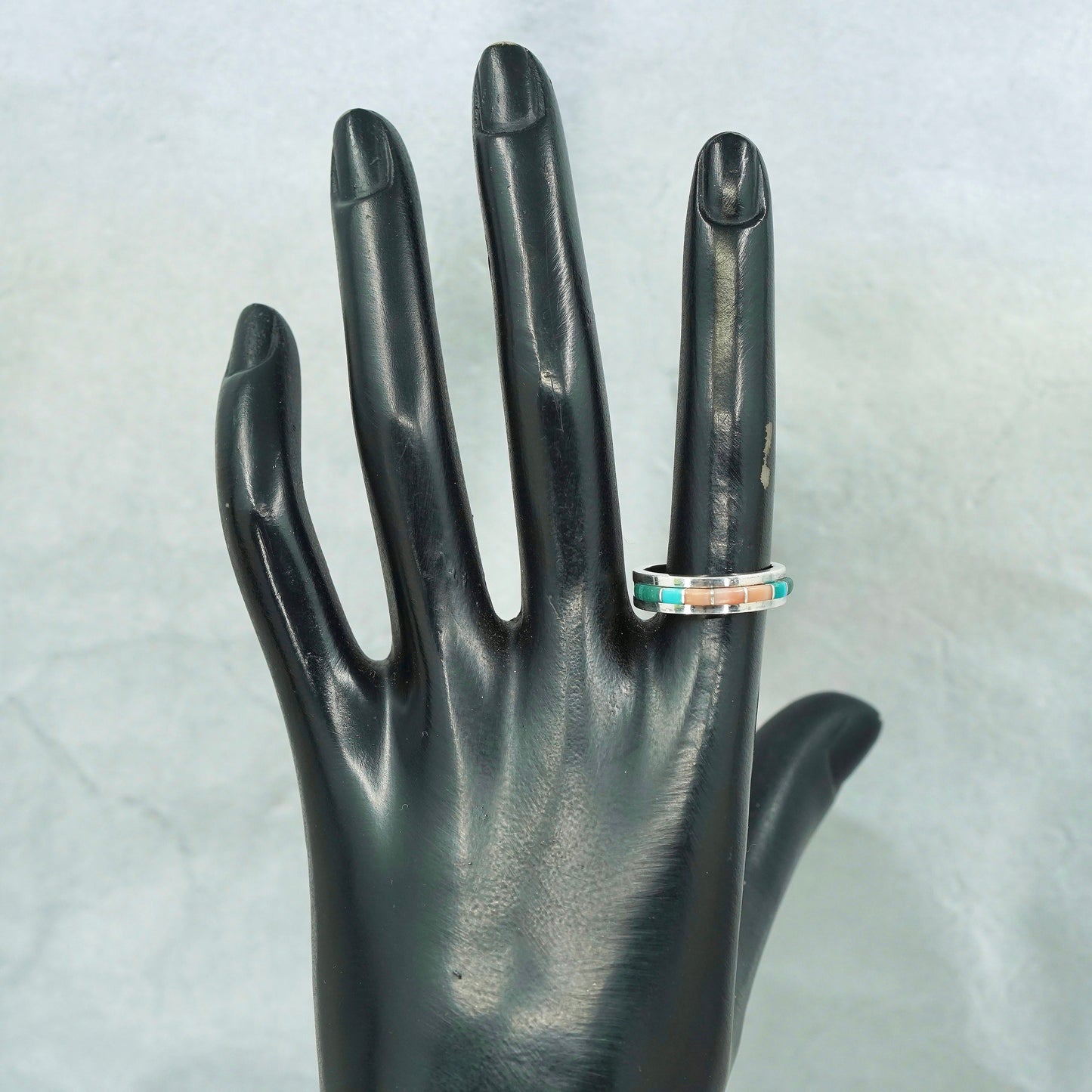 Size 7, Native American navajo Sterling 925 silver band ring turquoise coral