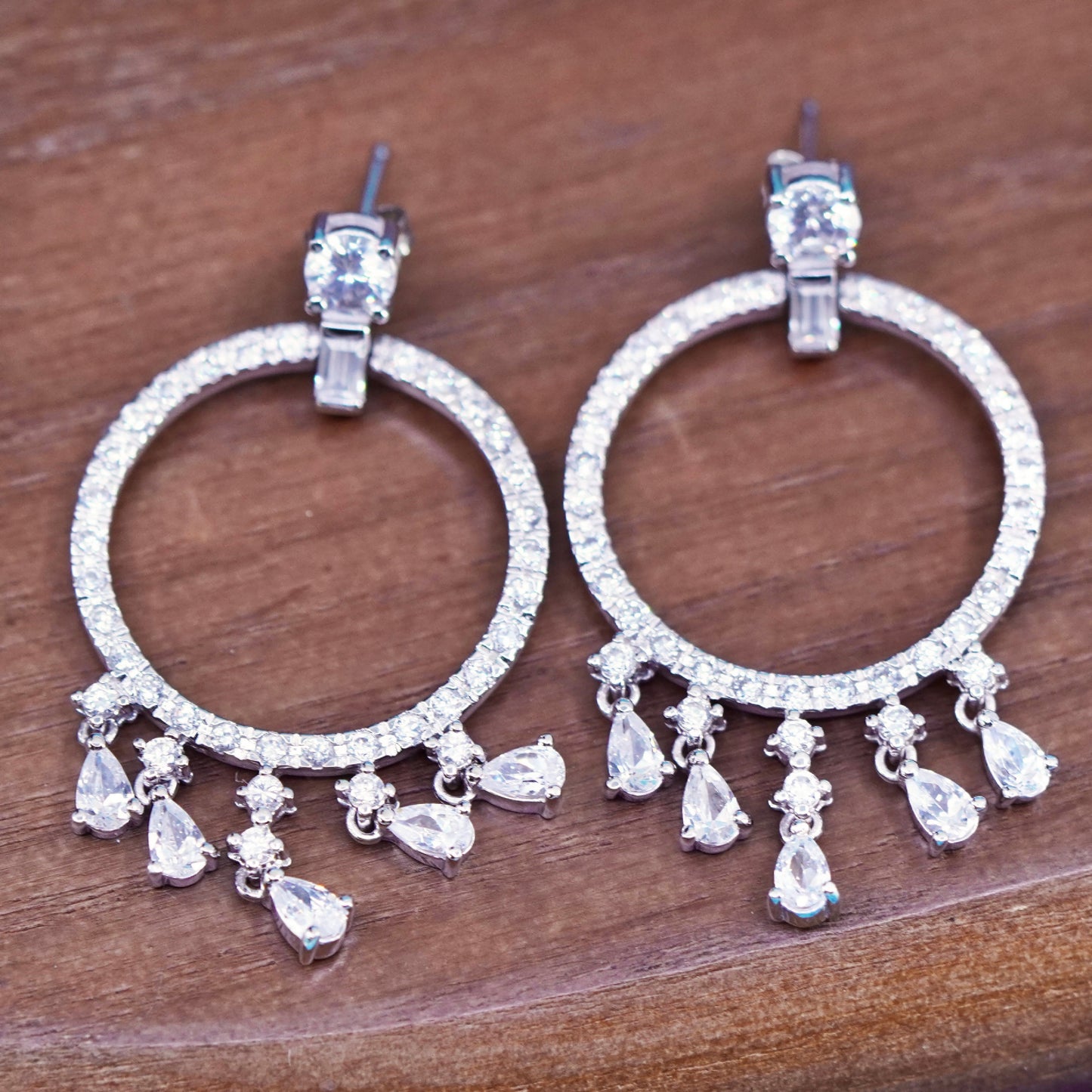 1”, Vintage Sterling silver earrings, 925 circle with cluster cz drops
