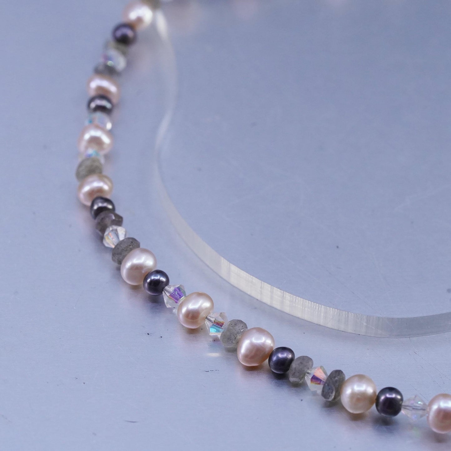 16" Vintage Sterling 925 silver handmade necklace With Pearl, Crystal Beads