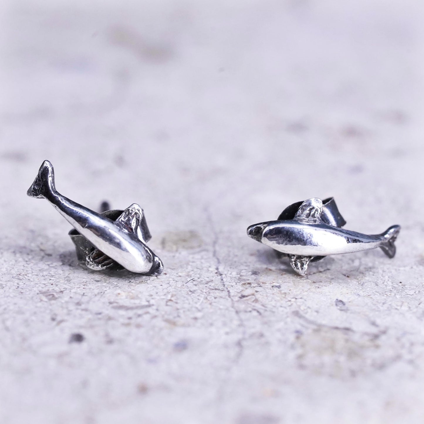 Vintage Sterling silver handmade earrings, 925 dolphin studs