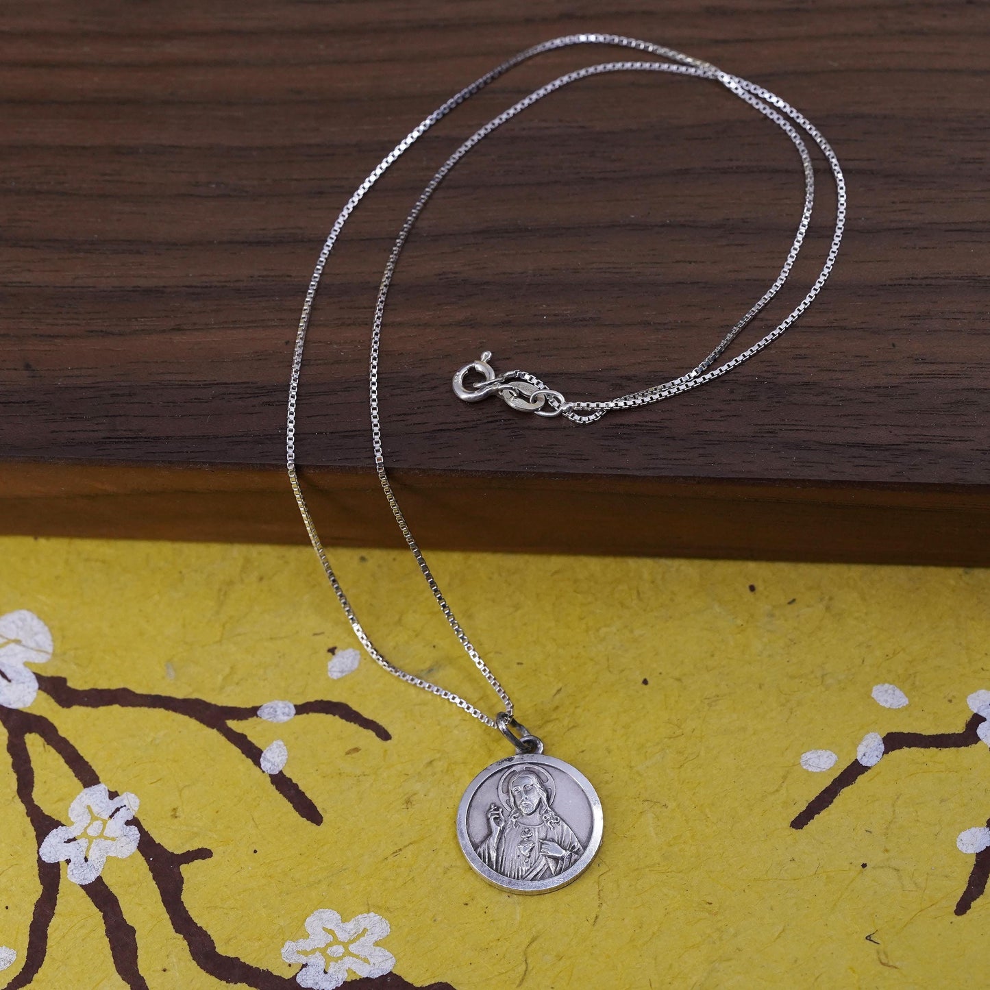 Sterling silver pendant, 925 box chain with double sided Jesus Virgo Carmelo