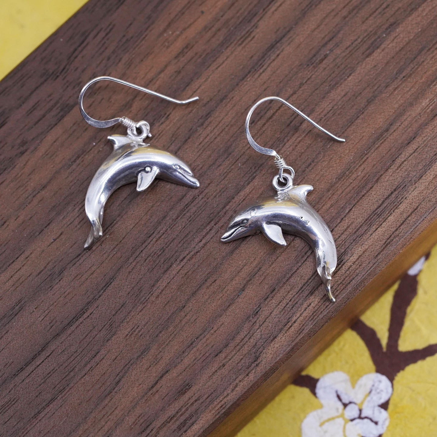 Vintage Sterling silver handmade earrings, 925 dolphin dangles