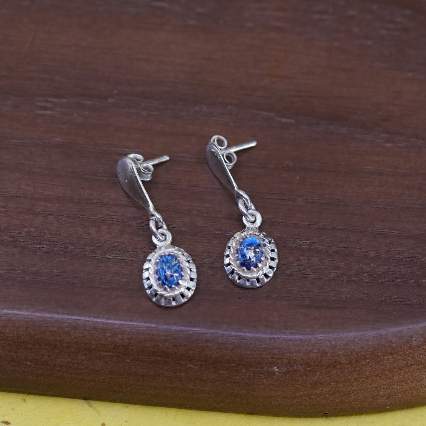 Vintage sterling silver 925 handmade earrings with blue dichroic glass drops