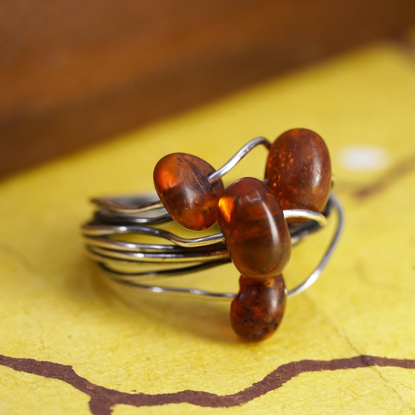 Size 5.75, vintage Sterling 925 silver handmade wired ring with amber beads