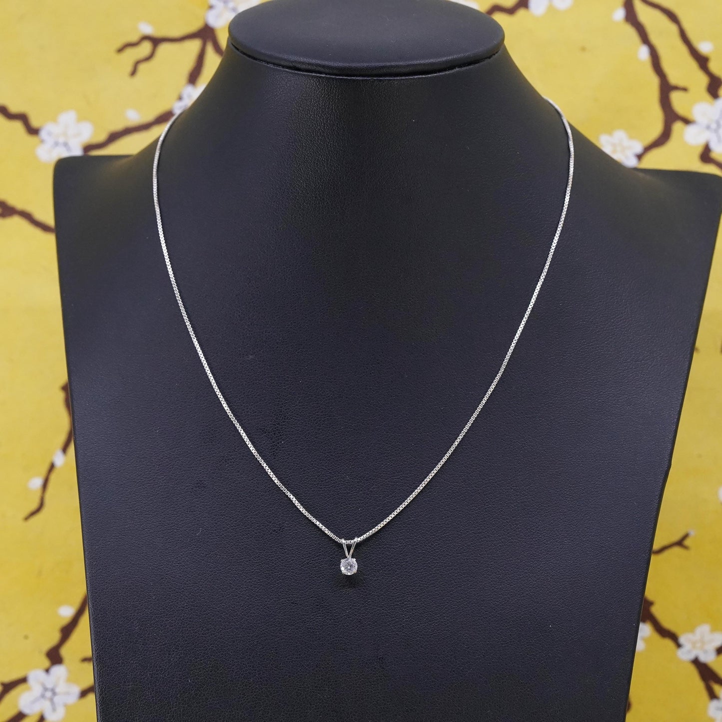 16” 1mm, vintage Sterling silver necklace, 925 box chain with circle CZ pendant