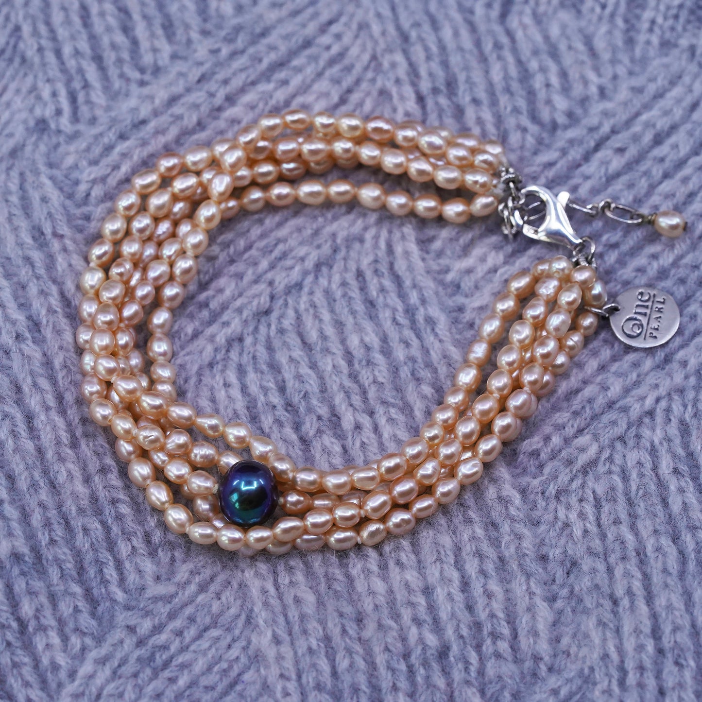 6.75+1", One Pearl Sterling 925 silver multi strands bracelet orange pearl bead