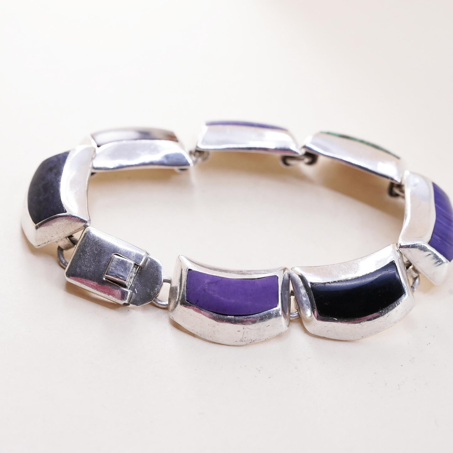 6.5", Vintage Mexican Sterling silver bracelet, 925 link with onyx malachite