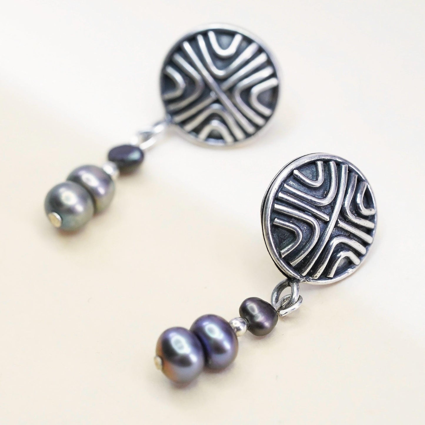 Vintage 925 Sterling Silver Black Freshwater Pearl Earrings, Geometric Studs