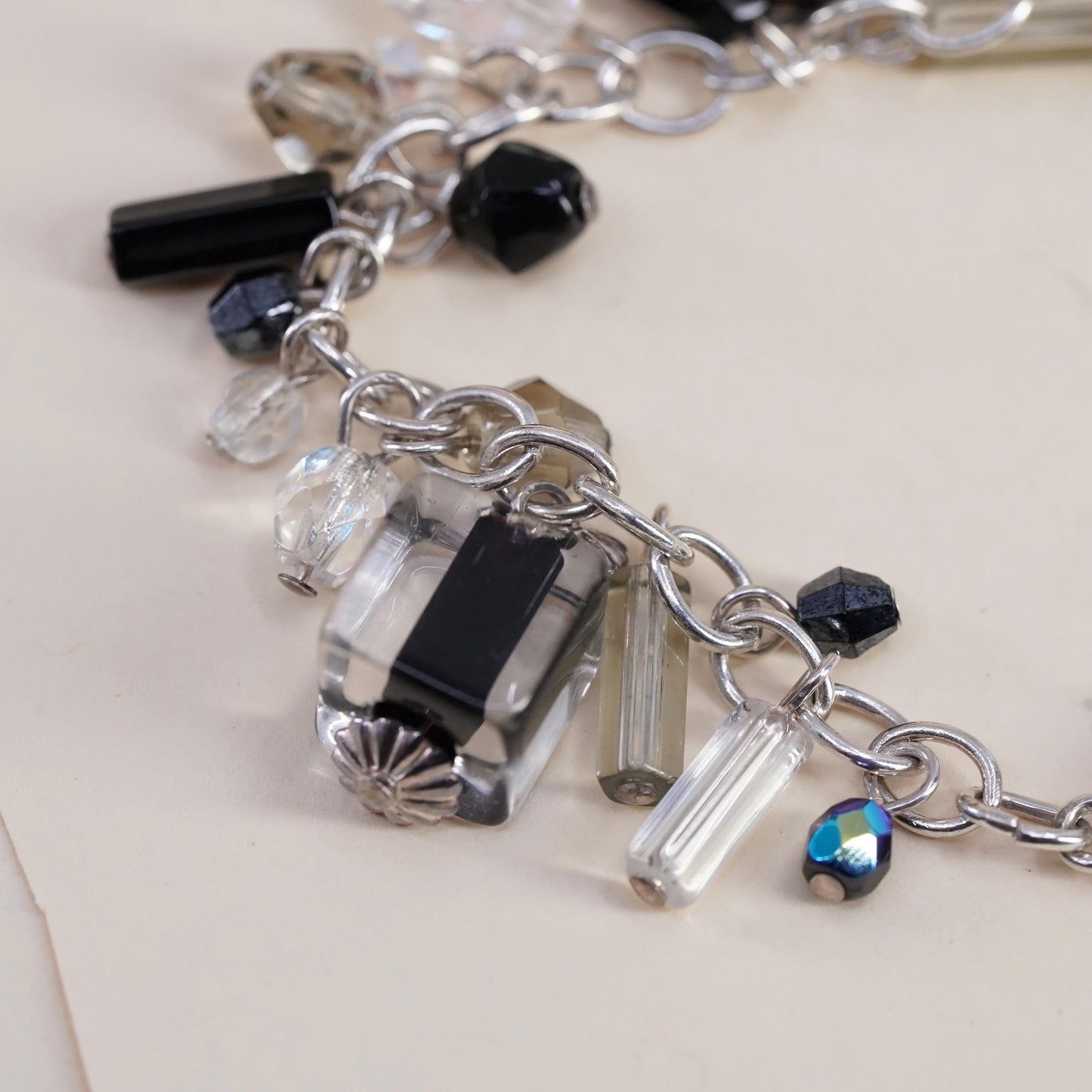 7.25", VTG sterling silver 925 oval chain bracelet cluster black white crystal