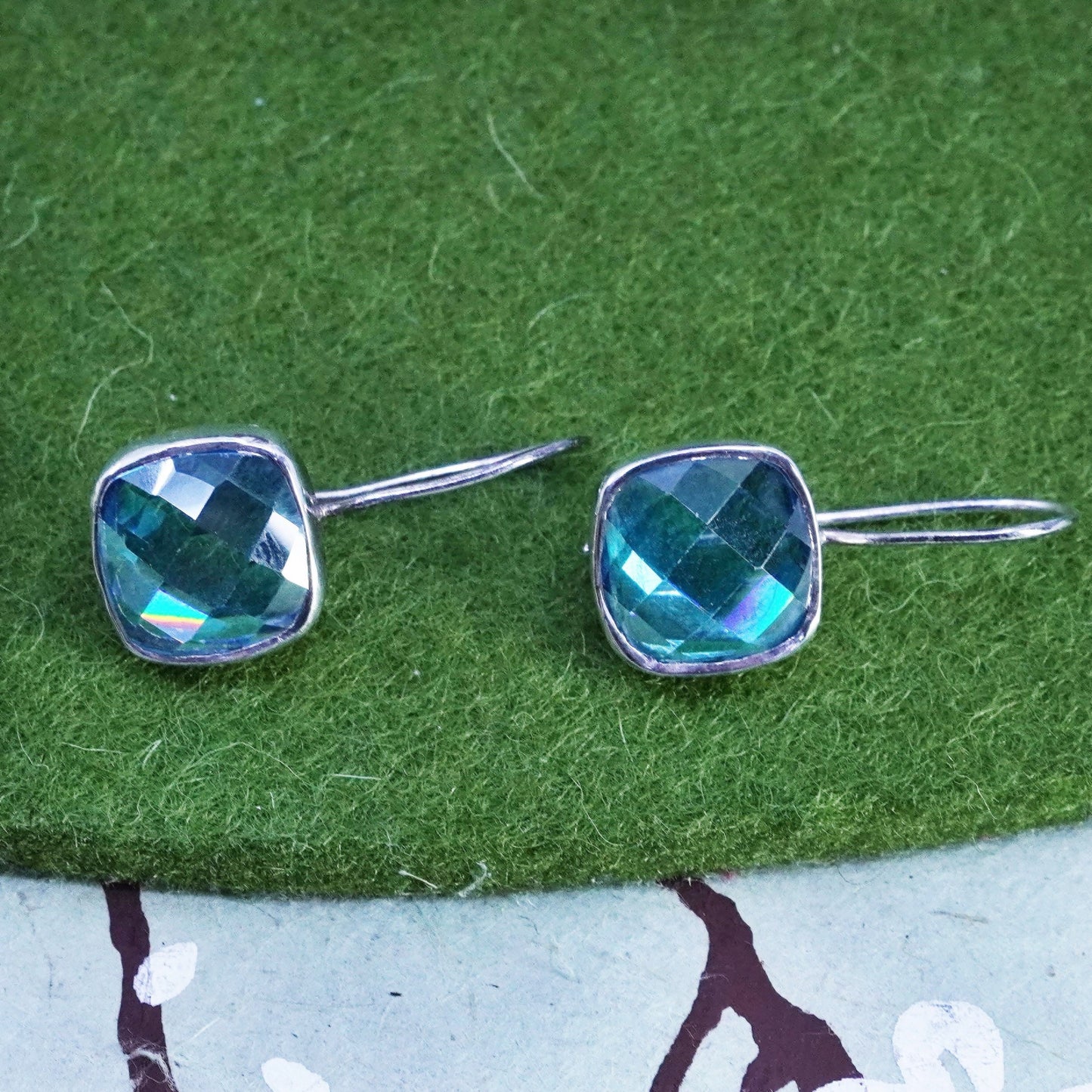 Vintage sterling silver 925 handmade earrings with checker cut blue topaz