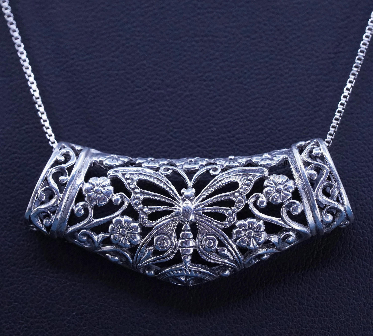 18”, Sterling 925 silver box chain necklace filigree butterfly slide pendant