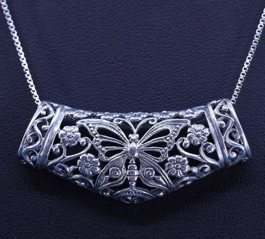 18”, Sterling 925 silver box chain necklace filigree butterfly slide pendant