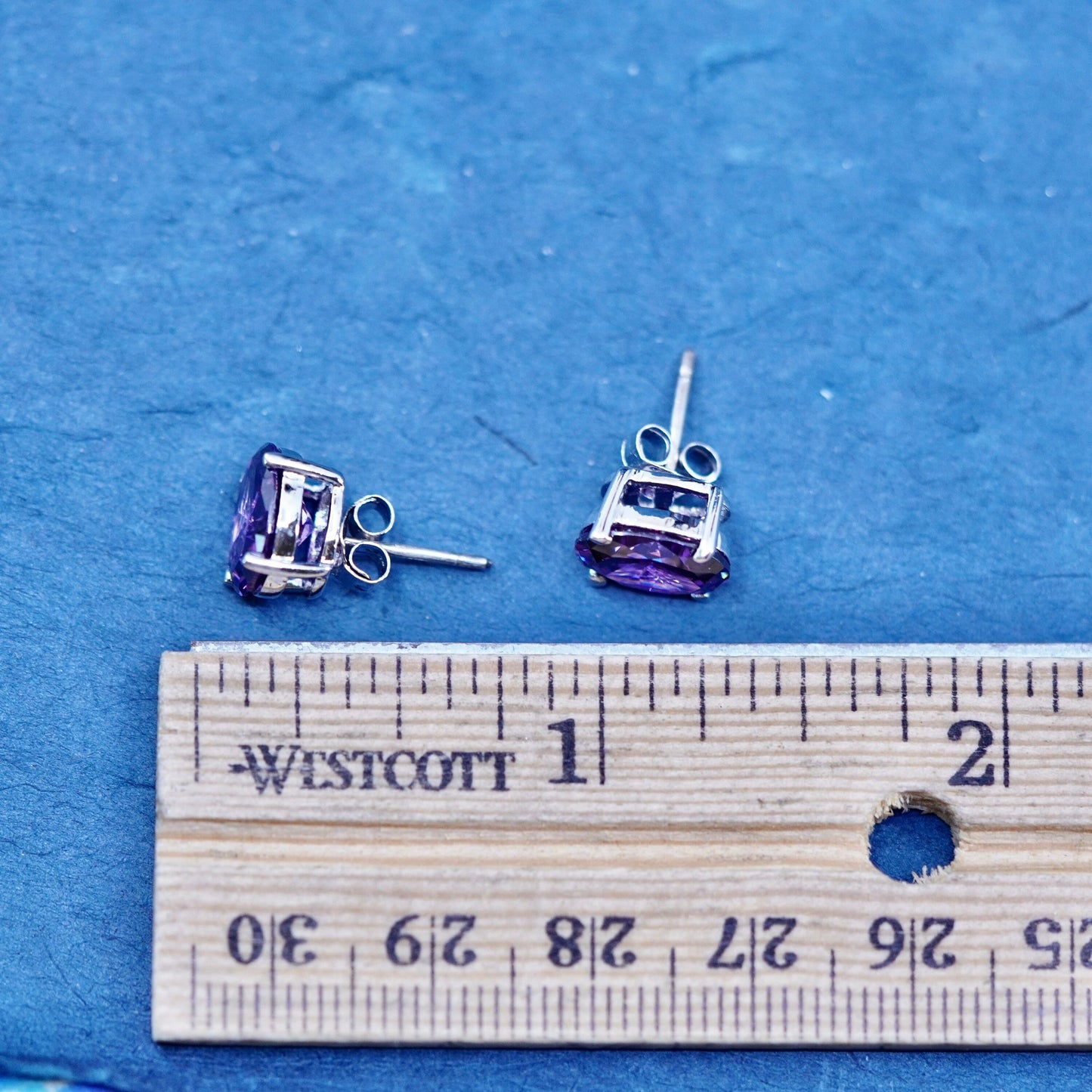 Vintage sterling silver handmade earrings, 925 oval studs with amethyst