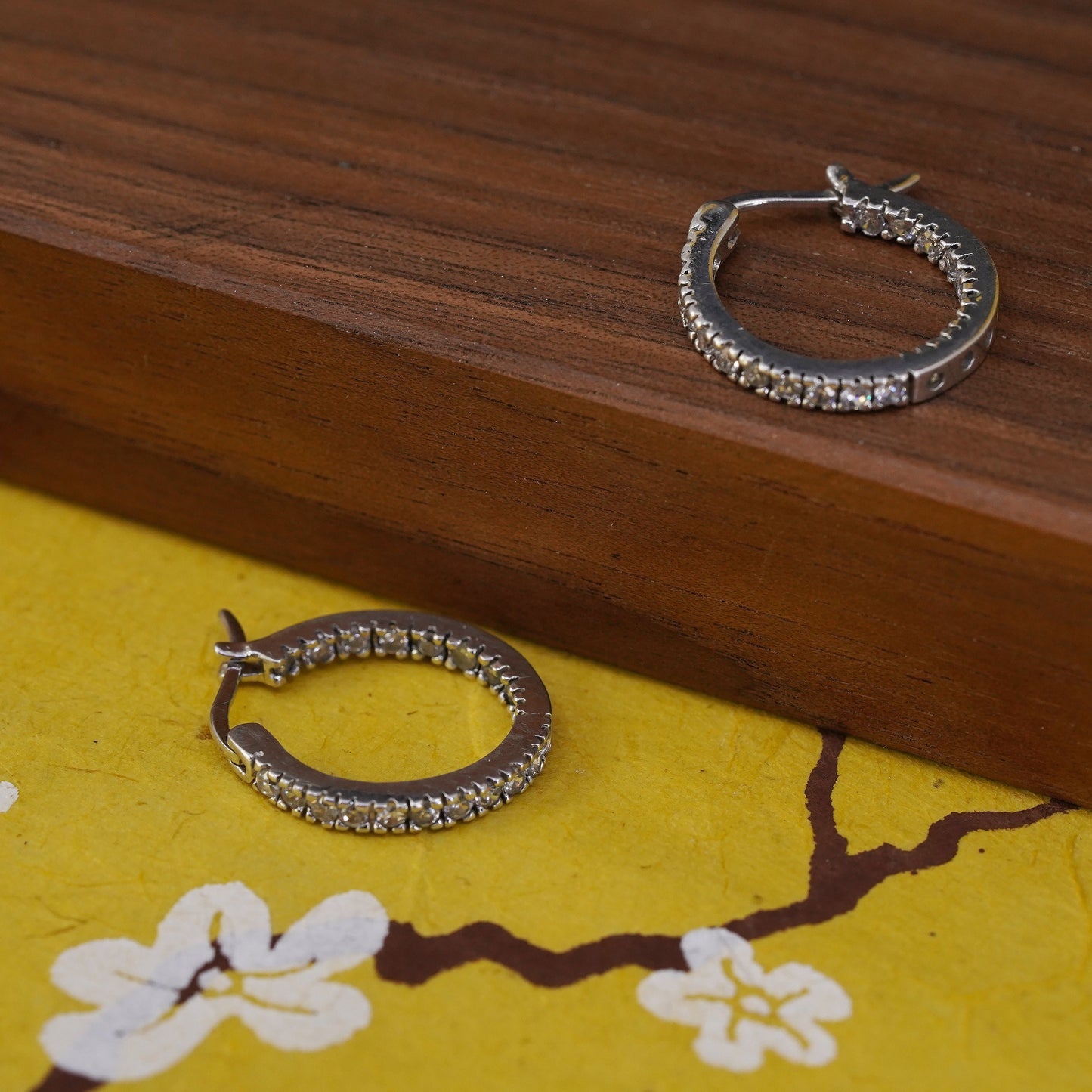 0.75", vintage Sterling silver huggie earrings, 925 hoops with cluster cz