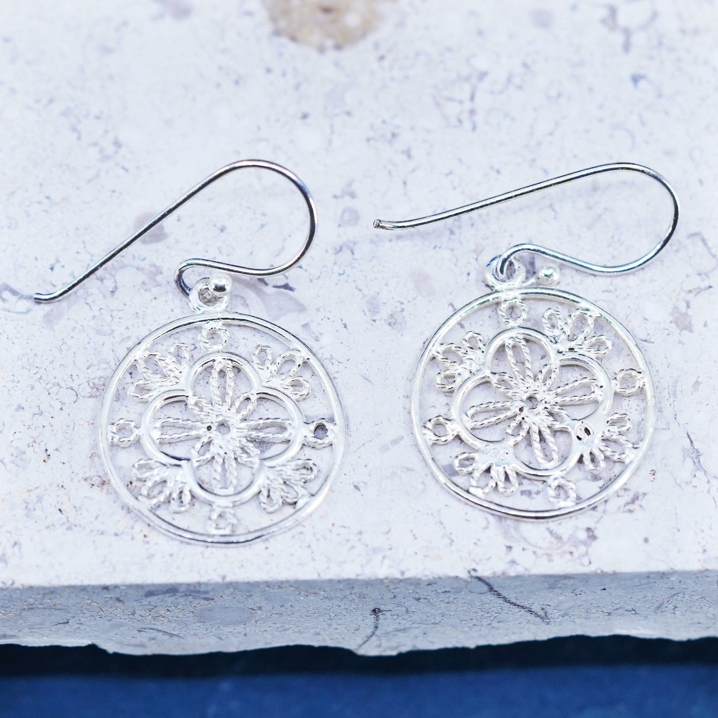 Vintage sterling silver handmade earrings, 925 filigree circle drop