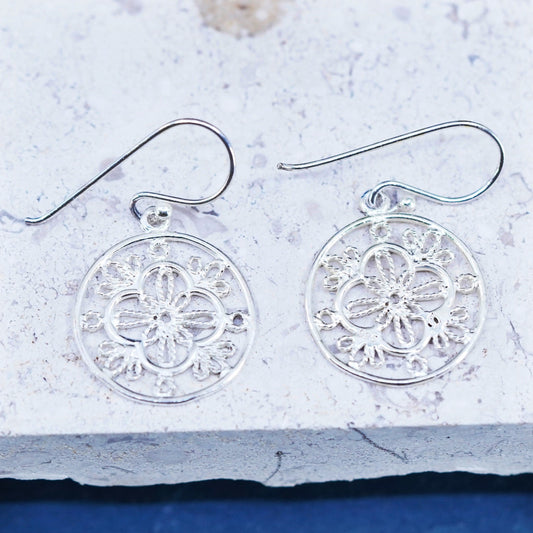 Vintage sterling silver handmade earrings, 925 filigree circle drop