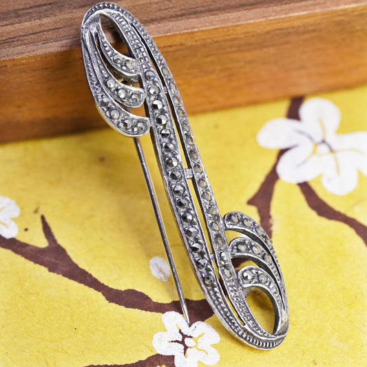 Vintage handmade sterling 925 silver double sprial brooch w/ cluster Marcasite