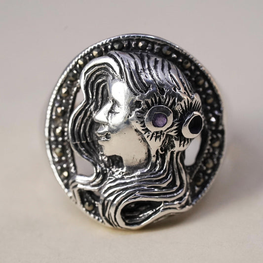 Size 10, Vintage Sterling 925 silver handmade little mermaid ring w/ marcasite
