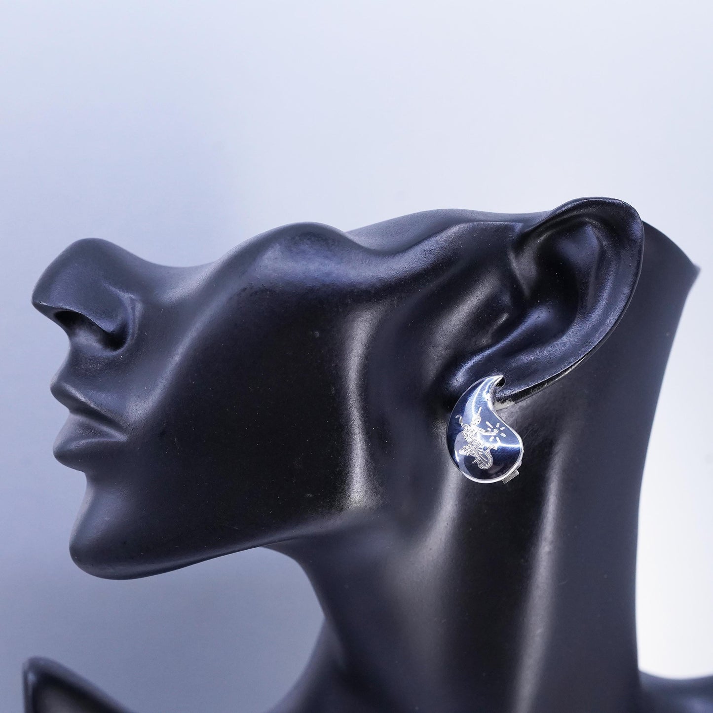 Vintage Siam sterling silver clip on earrings, 925 teardrop earrings, niello