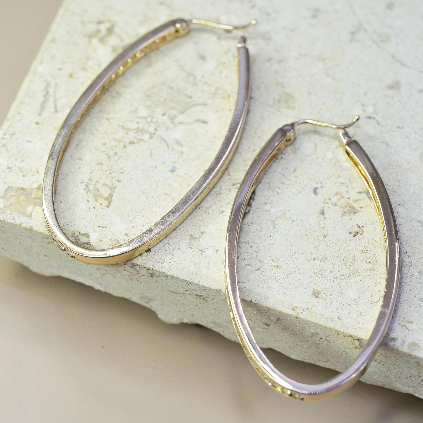 2”, vintage vermeil gold over Sterling silver earrings, 925 oval hoops with cz