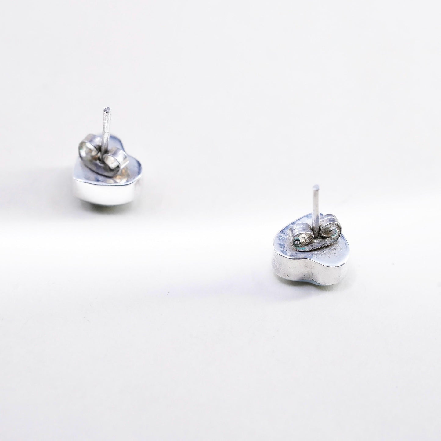 Native American handmade earrings. Sterling 925 silver heart studs with larimar
