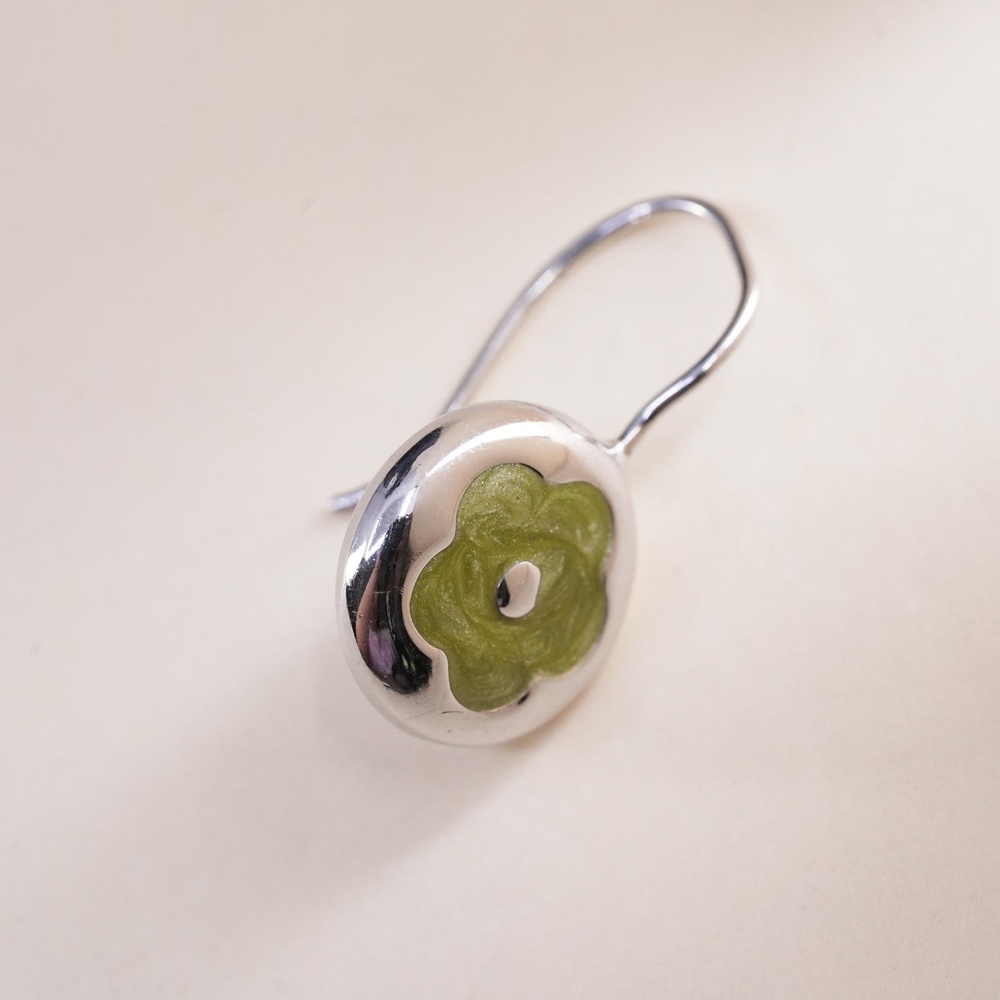 Vintage handmade single earring. Sterling 925 silver green enamel flower