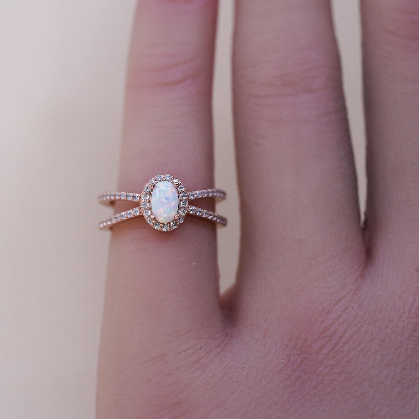 Size 4, vintage rose gold plated Sterling 925 silver ring with round opal cz