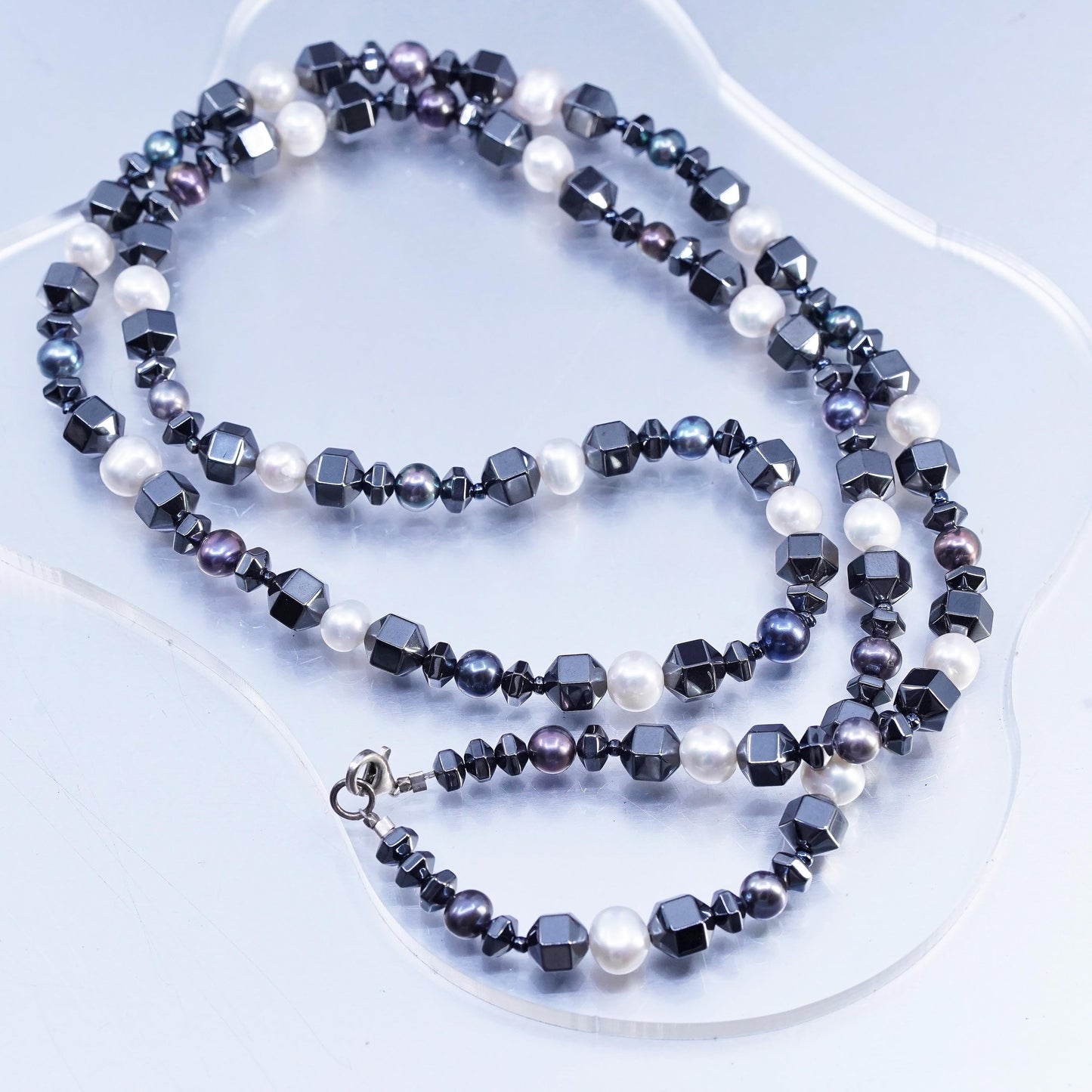 32”, Vintage Sterling 925 silver extra long necklace with hematite pearl beads