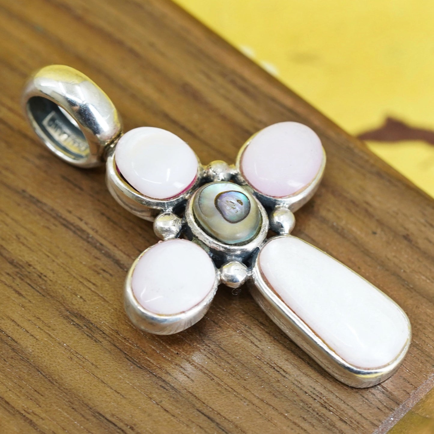 Sterling 925 silver handmade cross pendant with pink mother of pearl, abalone