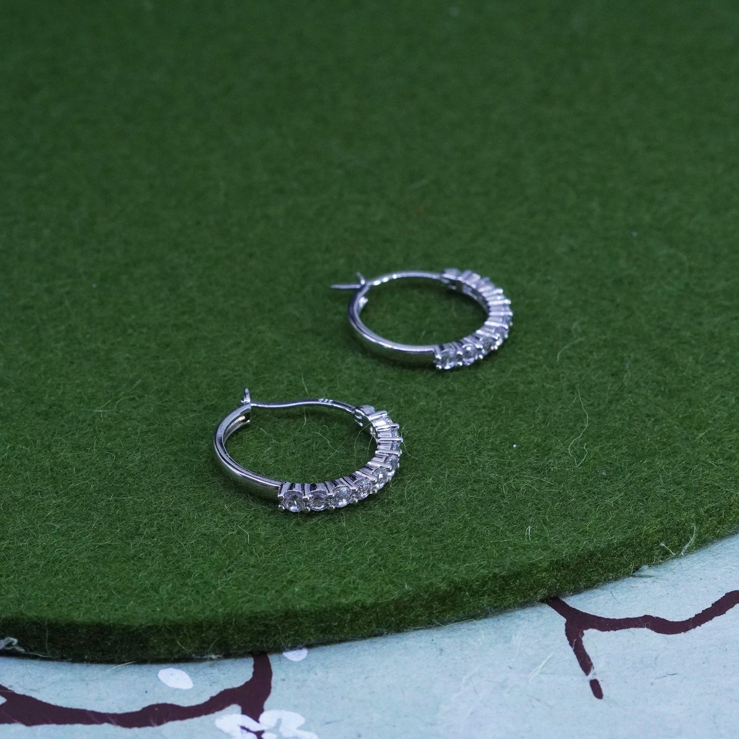 0.75”, Vintage sterling silver 925 earrings hoops, huggie with crystal inlay